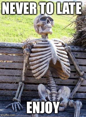 Waiting Skeleton Meme | NEVER TO LATE ENJOY | image tagged in memes,waiting skeleton | made w/ Imgflip meme maker