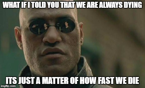 Matrix Morpheus Meme | WHAT IF I TOLD YOU THAT WE ARE ALWAYS DYING ITS JUST A MATTER OF HOW FAST WE DIE | image tagged in memes,matrix morpheus | made w/ Imgflip meme maker