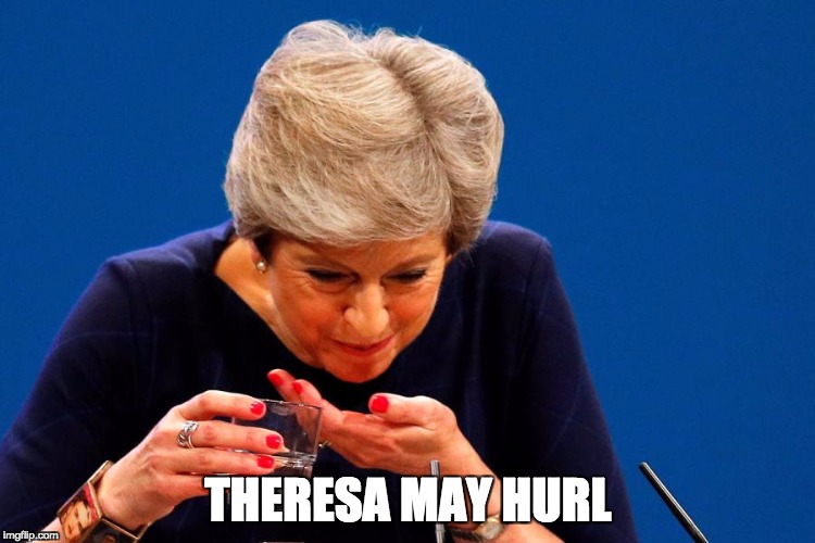 THERESA MAY HURL | image tagged in theresa with water issue | made w/ Imgflip meme maker