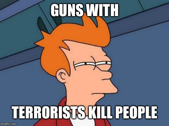 Futurama Fry Meme | GUNS WITH TERRORISTS KILL PEOPLE | image tagged in memes,futurama fry | made w/ Imgflip meme maker