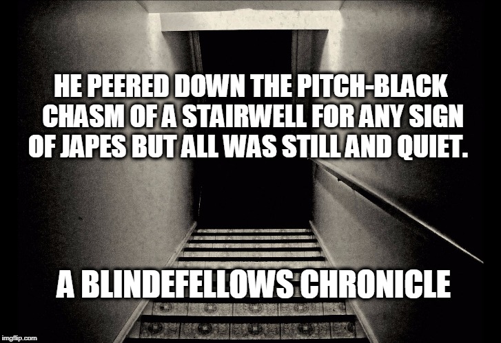 HE PEERED DOWN THE PITCH-BLACK CHASM OF A STAIRWELL FOR ANY SIGN OF JAPES BUT ALL WAS STILL AND QUIET. A BLINDEFELLOWS CHRONICLE | image tagged in blindefellows | made w/ Imgflip meme maker