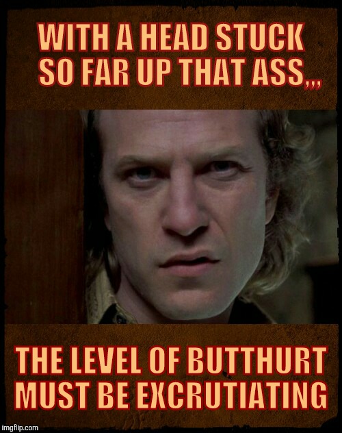 Buffalo Bill, Are you serious?,,, | WITH A HEAD STUCK   SO FAR UP THAT ASS,,, THE LEVEL OF BUTTHURT MUST BE EXCRUTIATING | image tagged in buffalo bill are you serious?   | made w/ Imgflip meme maker