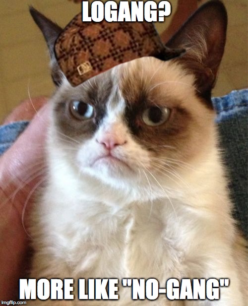 Grumpy Cat Meme | LOGANG? MORE LIKE "NO-GANG" | image tagged in memes,grumpy cat,scumbag | made w/ Imgflip meme maker
