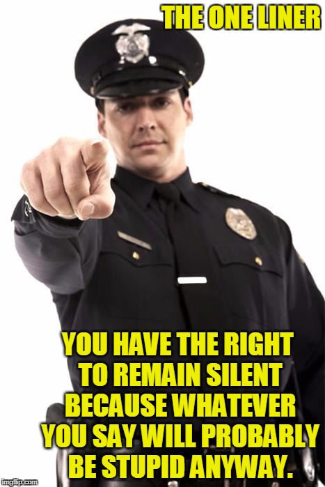 Police | THE ONE LINER; YOU HAVE THE RIGHT TO REMAIN SILENT BECAUSE WHATEVER YOU SAY WILL PROBABLY BE STUPID ANYWAY. | image tagged in police | made w/ Imgflip meme maker