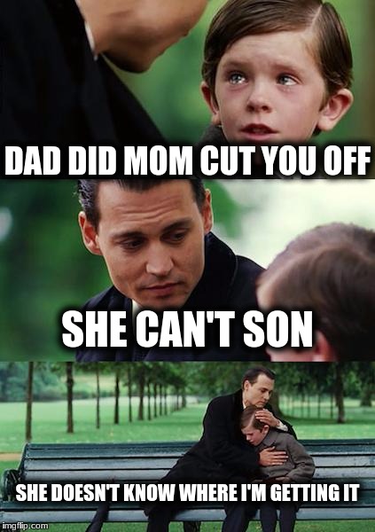 Finding Neverland Meme | DAD DID MOM CUT YOU OFF SHE CAN'T SON SHE DOESN'T KNOW WHERE I'M GETTING IT | image tagged in memes,finding neverland | made w/ Imgflip meme maker