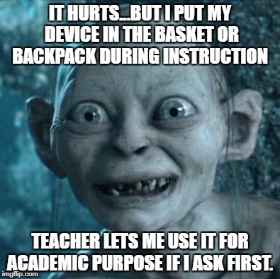 Gollum | IT HURTS...BUT I PUT MY DEVICE IN THE BASKET OR BACKPACK DURING INSTRUCTION; TEACHER LETS ME USE IT FOR ACADEMIC PURPOSE IF I ASK FIRST. | image tagged in memes,gollum | made w/ Imgflip meme maker