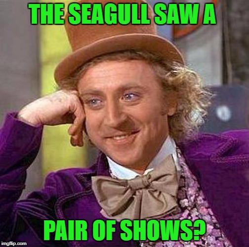 Creepy Condescending Wonka Meme | THE SEAGULL SAW A PAIR OF SHOWS? | image tagged in memes,creepy condescending wonka | made w/ Imgflip meme maker