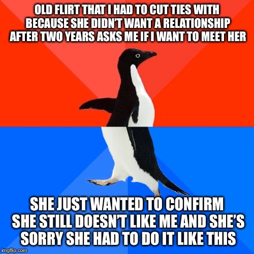 Socially Awesome Awkward Penguin Meme | OLD FLIRT THAT I HAD TO CUT TIES WITH BECAUSE SHE DIDN’T WANT A RELATIONSHIP AFTER TWO YEARS ASKS ME IF I WANT TO MEET HER; SHE JUST WANTED TO CONFIRM SHE STILL DOESN’T LIKE ME AND SHE’S SORRY SHE HAD TO DO IT LIKE THIS | image tagged in memes,socially awesome awkward penguin,AdviceAnimals | made w/ Imgflip meme maker