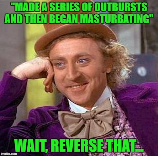 Creepy Condescending Wonka Meme | "MADE A SERIES OF OUTBURSTS AND THEN BEGAN MASTURBATING" WAIT, REVERSE THAT... | image tagged in memes,creepy condescending wonka | made w/ Imgflip meme maker