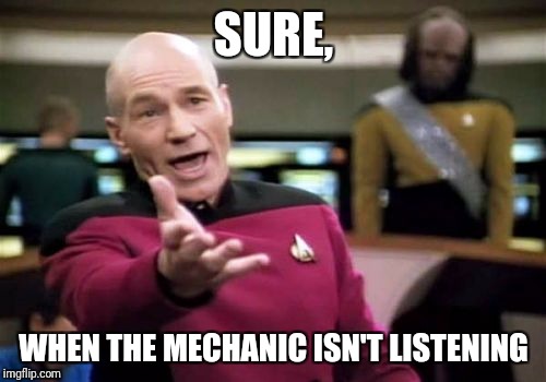 Picard Wtf Meme | SURE, WHEN THE MECHANIC ISN'T LISTENING | image tagged in memes,picard wtf | made w/ Imgflip meme maker