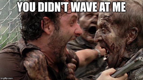 The Walking Dead Screaming | YOU DIDN'T WAVE AT ME | image tagged in the walking dead screaming | made w/ Imgflip meme maker