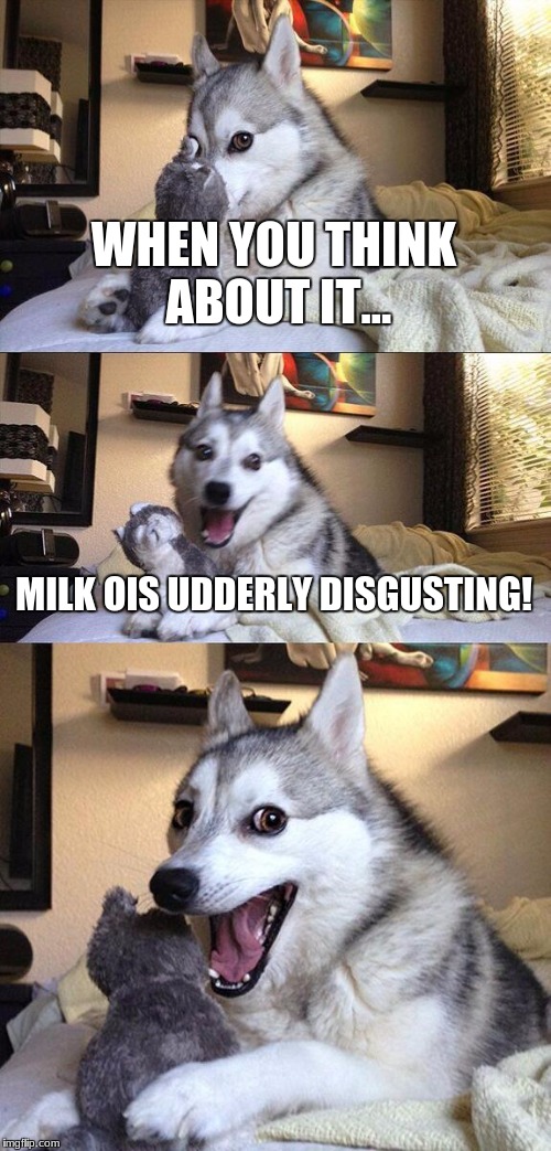 it comes out of a udder... come on guys! | WHEN YOU THINK ABOUT IT... MILK OIS UDDERLY DISGUSTING! | image tagged in memes,bad pun dog | made w/ Imgflip meme maker
