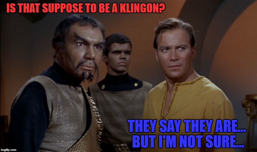 IS THAT SUPPOSE TO BE A KLINGON? THEY SAY THEY ARE... BUT I'M NOT SURE... | made w/ Imgflip meme maker