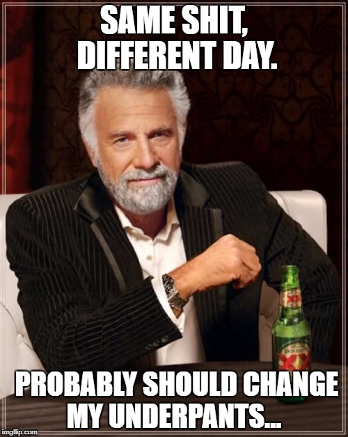 The Most Interesting Man In The World Meme | SAME SHIT, DIFFERENT DAY. PROBABLY SHOULD CHANGE MY UNDERPANTS... | image tagged in memes,the most interesting man in the world | made w/ Imgflip meme maker