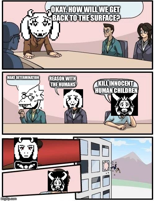Boardroom Meeting Suggestion Meme | OKAY. HOW WILL WE GET BACK TO THE SURFACE? MAKE DETERMINATION; REASON WITH THE HUMANS; KILL INNOCENT HUMAN CHILDREN | image tagged in memes,boardroom meeting suggestion | made w/ Imgflip meme maker