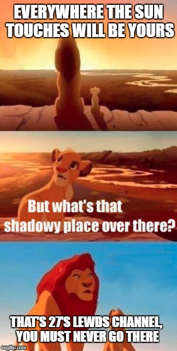 Simba Shadowy Place Meme | EVERYWHERE THE SUN TOUCHES WILL BE YOURS; THAT'S 27'S LEWDS CHANNEL, YOU MUST NEVER GO THERE | image tagged in memes,simba shadowy place | made w/ Imgflip meme maker