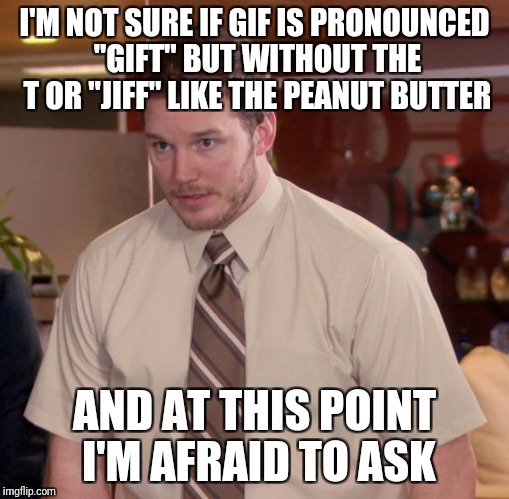 Afraid To Ask Andy Meme | I'M NOT SURE IF GIF IS PRONOUNCED "GIFT" BUT WITHOUT THE T OR "JIFF" LIKE THE PEANUT BUTTER; AND AT THIS POINT I'M AFRAID TO ASK | image tagged in memes,afraid to ask andy | made w/ Imgflip meme maker