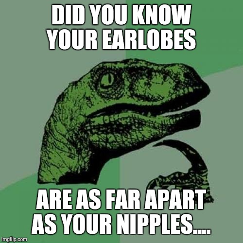Philosoraptor Meme | DID YOU KNOW YOUR EARLOBES; ARE AS FAR APART AS YOUR NIPPLES.... | image tagged in memes,philosoraptor | made w/ Imgflip meme maker