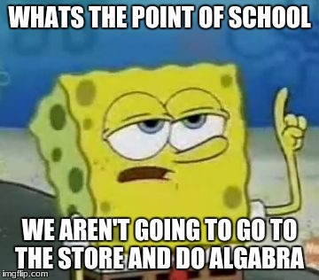 I'll Have You Know Spongebob Meme | WHATS THE POINT OF SCHOOL; WE AREN'T GOING TO GO TO THE STORE AND DO ALGABRA | image tagged in memes,ill have you know spongebob | made w/ Imgflip meme maker