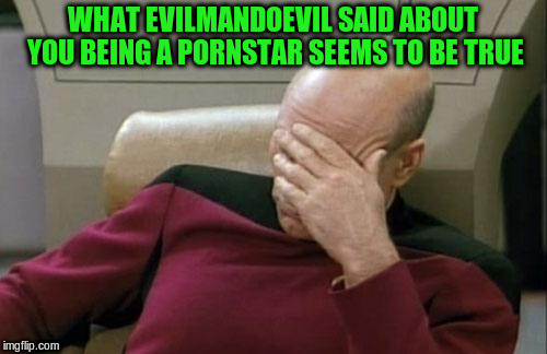 Captain Picard Facepalm Meme | WHAT EVILMANDOEVIL SAID ABOUT YOU BEING A PORNSTAR SEEMS TO BE TRUE | image tagged in memes,captain picard facepalm | made w/ Imgflip meme maker