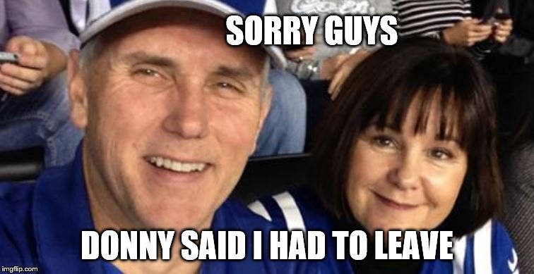 Pence at the game | SORRY GUYS; DONNY SAID I HAD TO LEAVE | image tagged in pence leaves the game,political meme | made w/ Imgflip meme maker