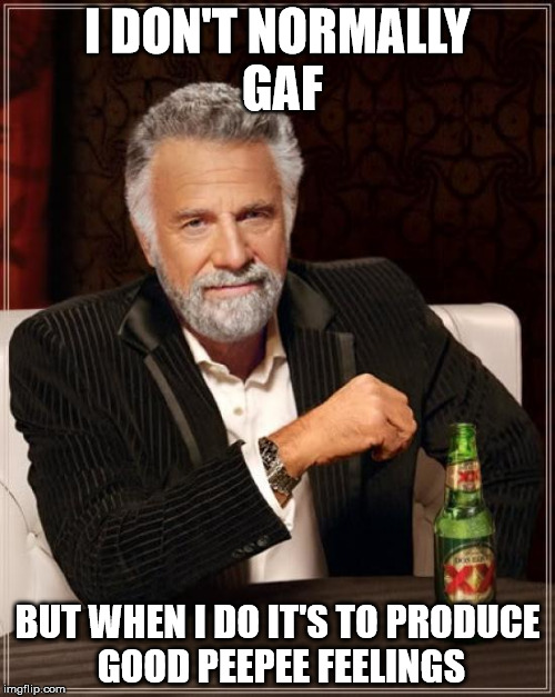 The Most Interesting Man In The World | I DON'T NORMALLY GAF; BUT WHEN I DO IT'S TO PRODUCE GOOD PEEPEE FEELINGS | image tagged in memes,the most interesting man in the world | made w/ Imgflip meme maker