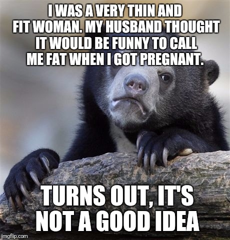 Confession Bear Meme | I WAS A VERY THIN AND FIT WOMAN. MY HUSBAND THOUGHT IT WOULD BE FUNNY TO CALL ME FAT WHEN I GOT PREGNANT. TURNS OUT, IT'S NOT A GOOD IDEA | image tagged in memes,confession bear | made w/ Imgflip meme maker