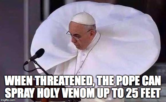 Jurassic Pope AKA: Popus Jurassicus | WHEN THREATENED, THE POPE CAN SPRAY HOLY VENOM UP TO 25 FEET | image tagged in pope francis,venom,jurassic park,one does not simply | made w/ Imgflip meme maker