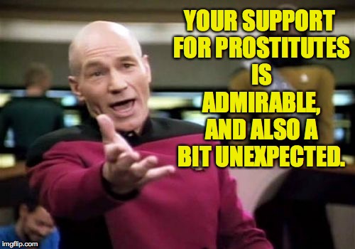 Picard Wtf Meme | YOUR SUPPORT FOR PROSTITUTES IS ADMIRABLE, AND ALSO A BIT UNEXPECTED. | image tagged in memes,picard wtf | made w/ Imgflip meme maker