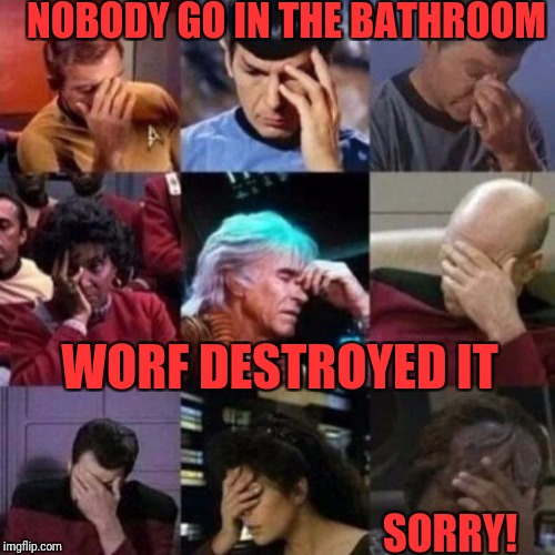 star trek face palm | NOBODY GO IN THE BATHROOM; WORF DESTROYED IT; SORRY! | image tagged in star trek face palm | made w/ Imgflip meme maker
