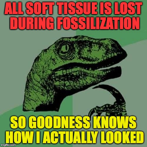Philosoraptor Meme | ALL SOFT TISSUE IS LOST DURING FOSSILIZATION; SO GOODNESS KNOWS HOW I ACTUALLY LOOKED | image tagged in memes,philosoraptor | made w/ Imgflip meme maker
