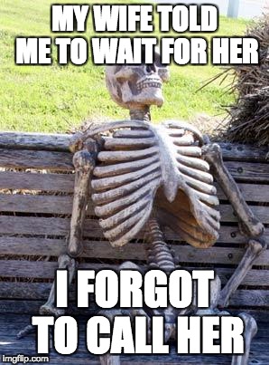 Waiting Skeleton Meme | MY WIFE TOLD ME TO WAIT FOR HER; I FORGOT TO CALL HER | image tagged in memes,waiting skeleton | made w/ Imgflip meme maker