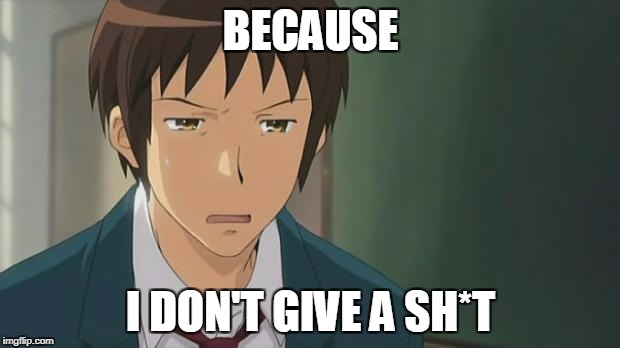 Kyon WTF | BECAUSE I DON'T GIVE A SH*T | image tagged in kyon wtf | made w/ Imgflip meme maker