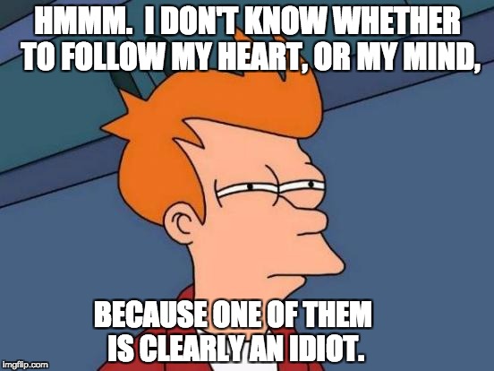 Futurama Fry Meme | HMMM.  I DON'T KNOW WHETHER TO FOLLOW MY HEART, OR MY MIND, BECAUSE ONE OF THEM IS CLEARLY AN IDIOT. | image tagged in memes,futurama fry | made w/ Imgflip meme maker