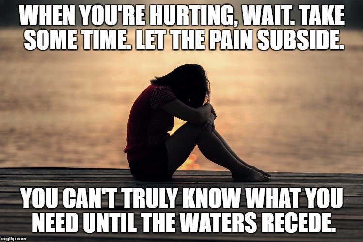When you're hurting | WHEN YOU'RE HURTING, WAIT. TAKE SOME TIME. LET THE PAIN SUBSIDE. YOU CAN'T TRULY KNOW WHAT YOU NEED UNTIL THE WATERS RECEDE. | image tagged in grief,loss,pain,hurt feelings,inspirational,healing | made w/ Imgflip meme maker