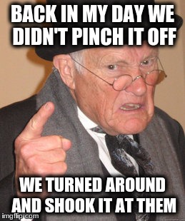 Back In My Day Meme | BACK IN MY DAY WE DIDN'T PINCH IT OFF WE TURNED AROUND AND SHOOK IT AT THEM | image tagged in memes,back in my day | made w/ Imgflip meme maker