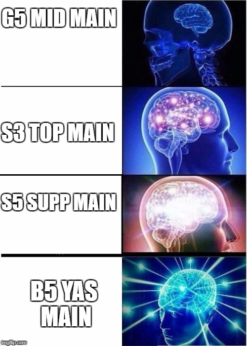 Expanding Brain Meme | G5 MID MAIN; S3 TOP MAIN; S5 SUPP MAIN; B5 YAS MAIN | image tagged in expanding brain | made w/ Imgflip meme maker