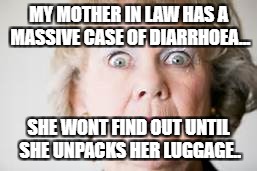 MY MOTHER IN LAW HAS A MASSIVE CASE OF DIARRHOEA... SHE WONT FIND OUT UNTIL SHE UNPACKS HER LUGGAGE.. | image tagged in mother in law | made w/ Imgflip meme maker