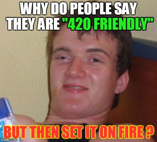 Put THAT in your pipe and smoke it! | WHY DO PEOPLE SAY THEY ARE "420 FRIENDLY"; "420 FRIENDLY"; BUT THEN SET IT ON FIRE ? | image tagged in memes,10 guy | made w/ Imgflip meme maker