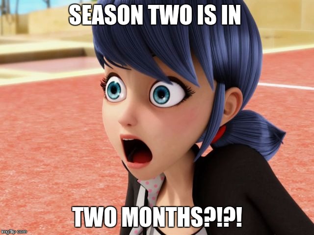 Miraculous Marinette Scared | SEASON TWO IS IN; TWO MONTHS?!?! | image tagged in miraculous marinette scared | made w/ Imgflip meme maker