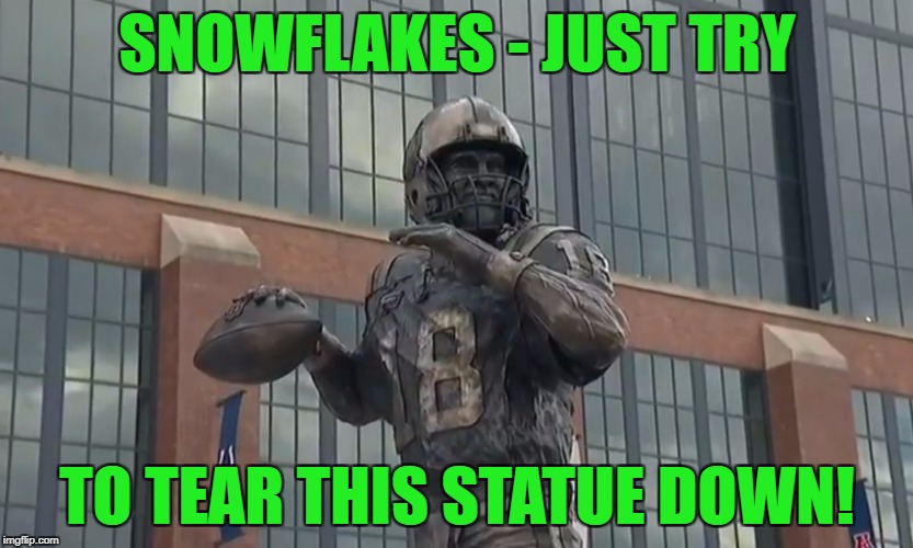 From a Bronco Fan - Thank you! | SNOWFLAKES - JUST TRY; TO TEAR THIS STATUE DOWN! | image tagged in peyton manning statue,18,denver broncos,indianapolis colts | made w/ Imgflip meme maker