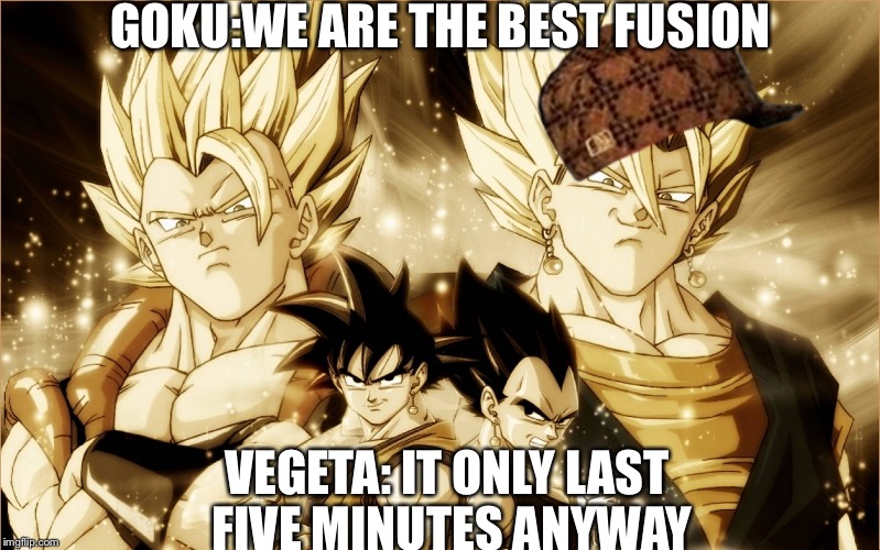 Verities and Gogeta  | GOKU:WE ARE THE BEST FUSION; VEGETA: IT ONLY LAST FIVE MINUTES ANYWAY | image tagged in verities and gogeta,scumbag | made w/ Imgflip meme maker