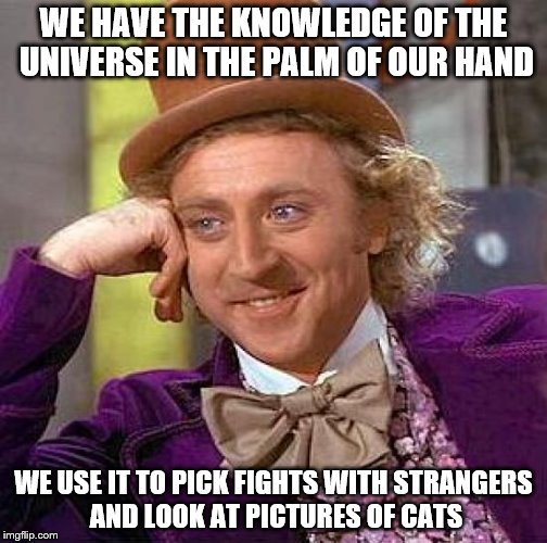 Creepy Condescending Wonka Meme | WE HAVE THE KNOWLEDGE OF THE UNIVERSE IN THE PALM OF OUR HAND; WE USE IT TO PICK FIGHTS WITH STRANGERS AND LOOK AT PICTURES OF CATS | image tagged in memes,creepy condescending wonka | made w/ Imgflip meme maker