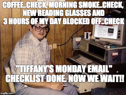 Internet Guide | COFFEE..CHECK, MORNING SMOKE..CHECK, NEW READING GLASSES AND 3 HOURS OF MY DAY BLOCKED OFF..CHECK; "TIFFANY'S MONDAY EMAIL" CHECKLIST DONE. NOW WE WAIT!! | image tagged in memes,internet guide | made w/ Imgflip meme maker