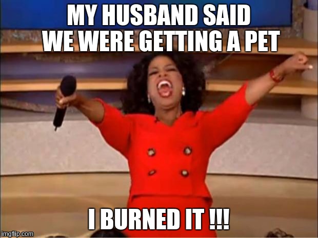 Oprah You Get A | MY HUSBAND SAID WE WERE GETTING A PET; I BURNED IT !!! | image tagged in memes,oprah you get a | made w/ Imgflip meme maker