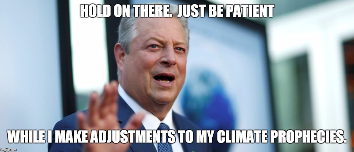 HOLD ON THERE.  JUST BE PATIENT; WHILE I MAKE ADJUSTMENTS TO MY CLIMATE PROPHECIES. | image tagged in al gore | made w/ Imgflip meme maker