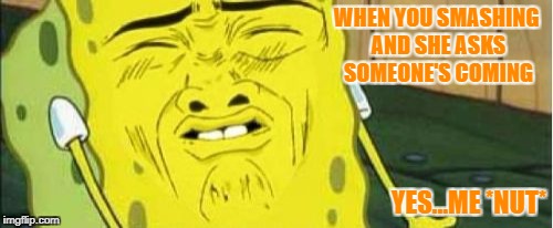 Spongebob Stink  | WHEN YOU SMASHING AND SHE ASKS SOMEONE'S COMING; YES...ME *NUT* | image tagged in spongebob stink | made w/ Imgflip meme maker
