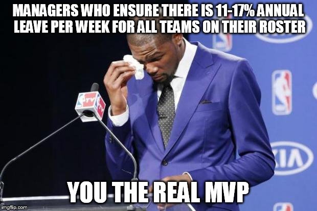 You The Real MVP 2 Meme | MANAGERS WHO ENSURE THERE IS 11-17% ANNUAL LEAVE PER WEEK FOR ALL TEAMS ON THEIR ROSTER; YOU THE REAL MVP | image tagged in memes,you the real mvp 2 | made w/ Imgflip meme maker