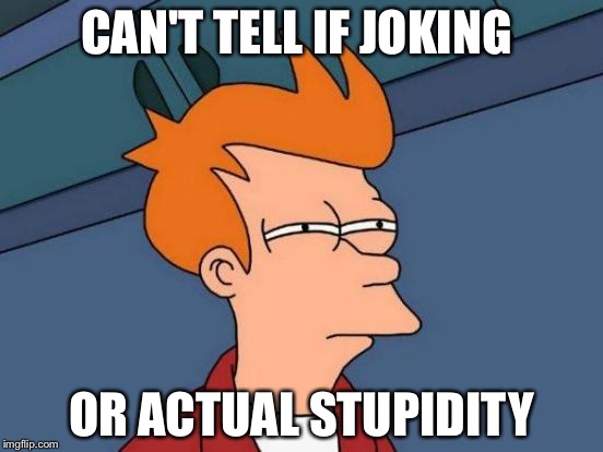 Futurama Fry | CAN'T TELL IF JOKING; OR ACTUAL STUPIDITY | image tagged in memes,futurama fry | made w/ Imgflip meme maker
