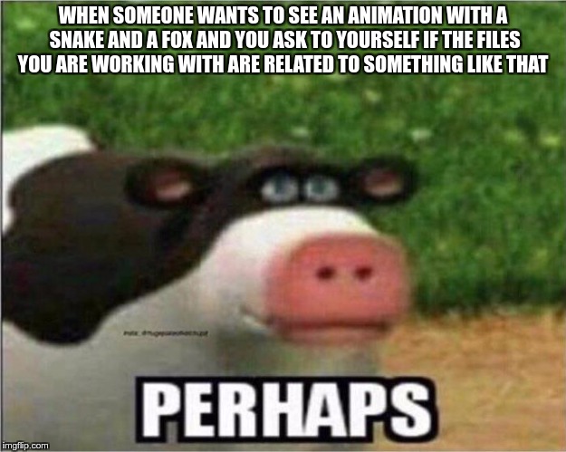 Perhaps Cow | WHEN SOMEONE WANTS TO SEE AN ANIMATION WITH A SNAKE AND A FOX AND YOU ASK TO YOURSELF IF THE FILES YOU ARE WORKING WITH ARE RELATED TO SOMETHING LIKE THAT | image tagged in perhaps cow | made w/ Imgflip meme maker